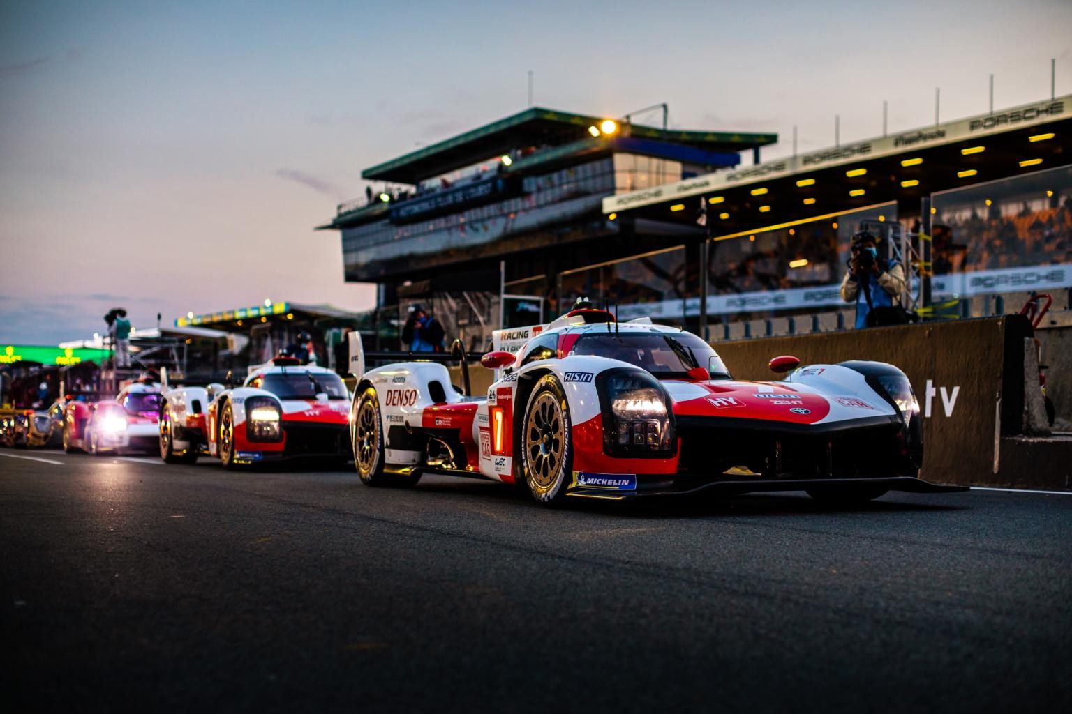 Racecars lined up at the 24 Hours of Le Mans