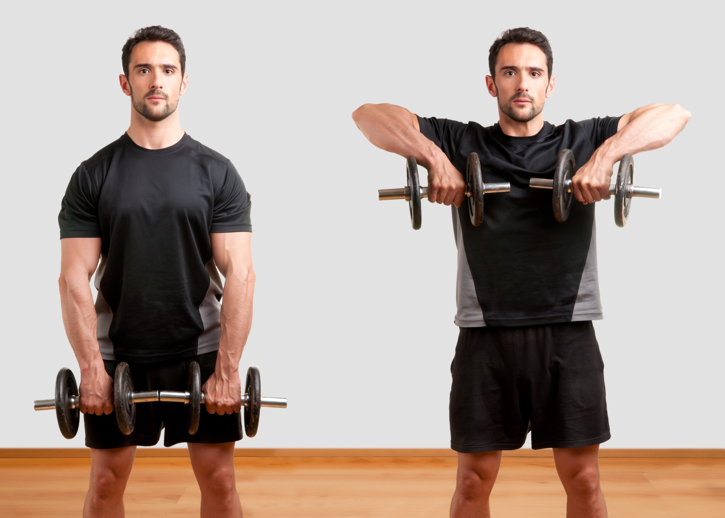 Adobe image man wearing black shorts doing upright row exercise with dumbbell in gym on wooden floor white background