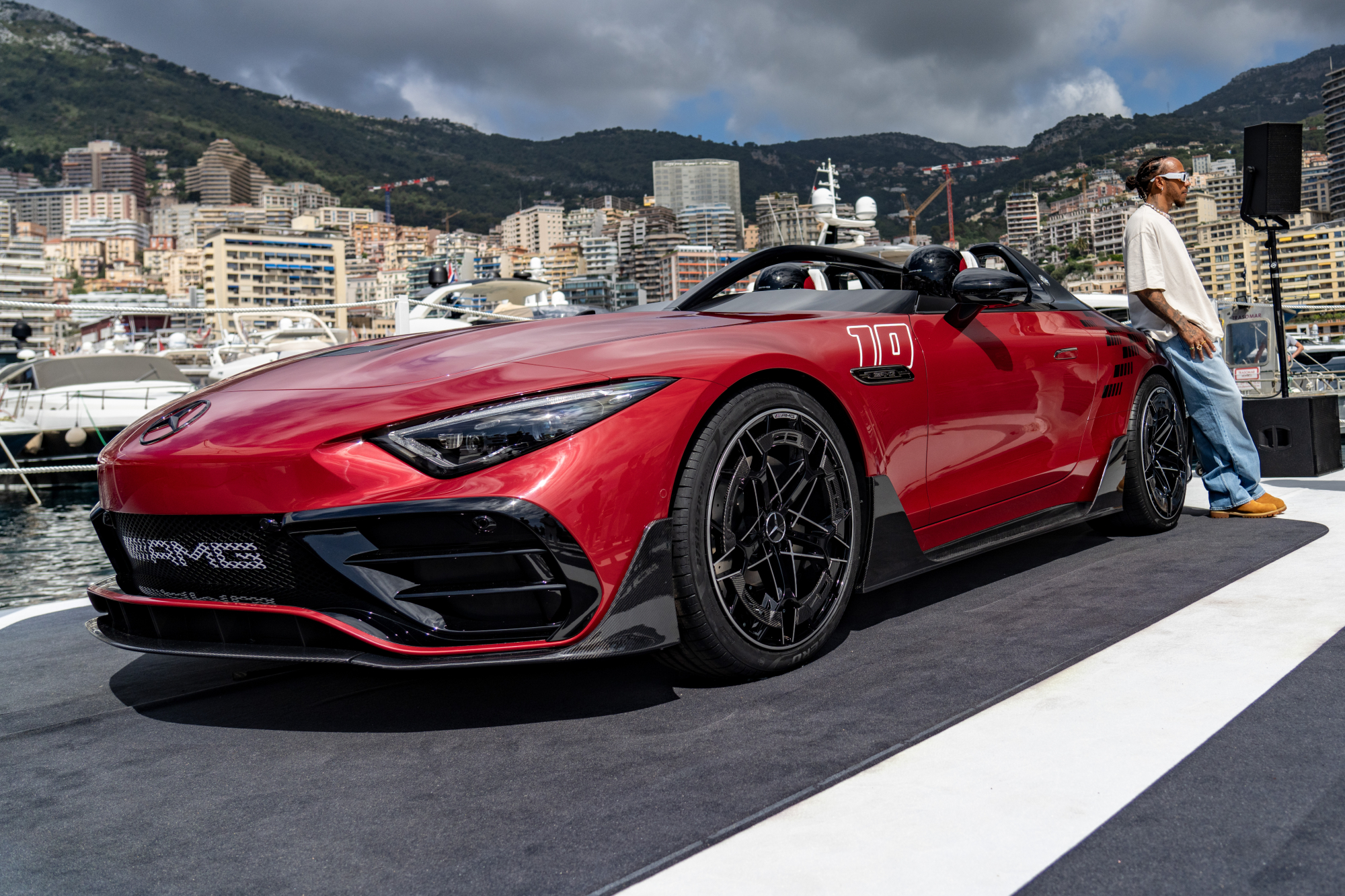 F1 World Champion driver Lewis Hamilton with Mercedes-AMG PureSpeed Concept on display in the harbor of Monaco.