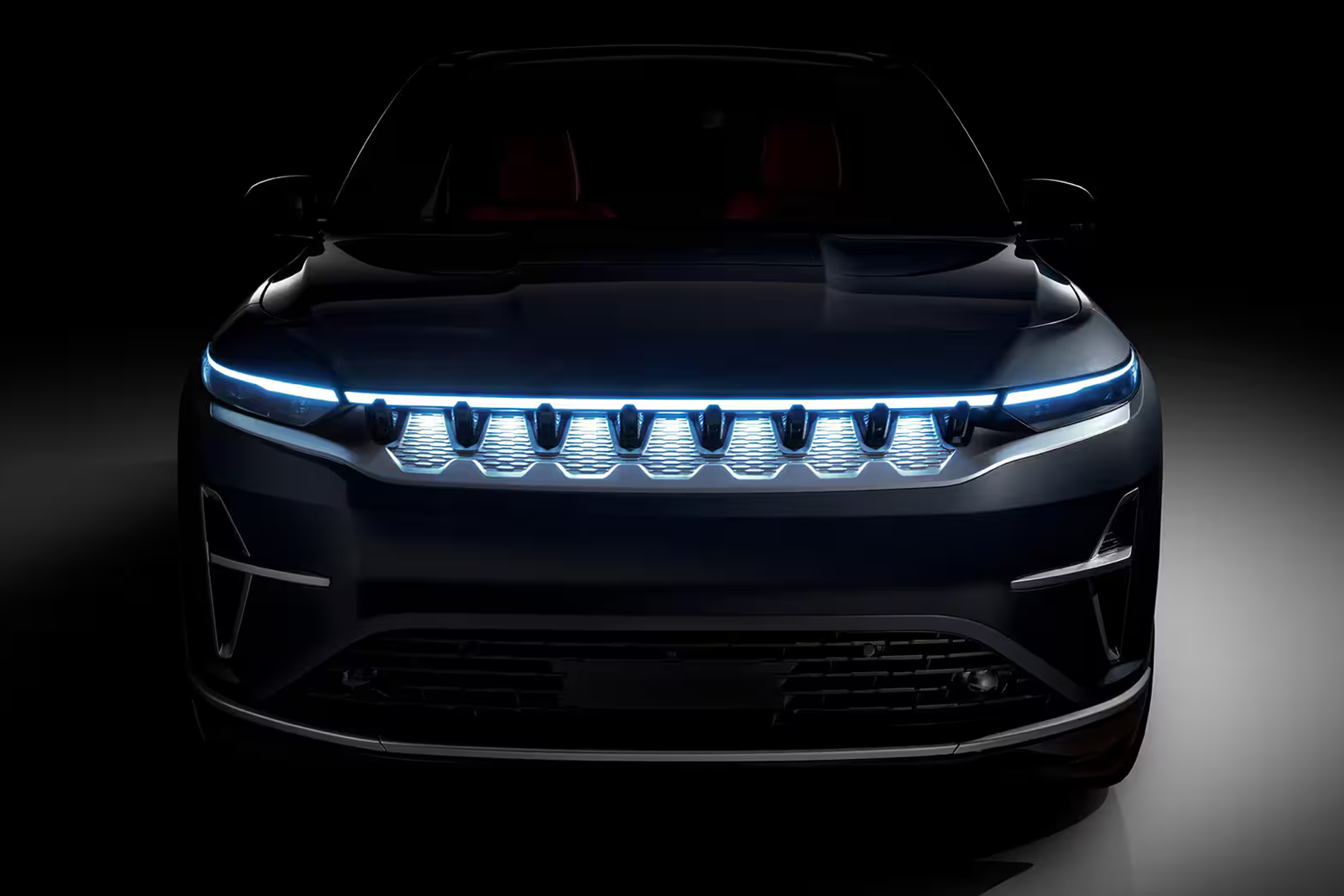 Jeep Wagoneer S all-electric model front LED signature grill lighting.