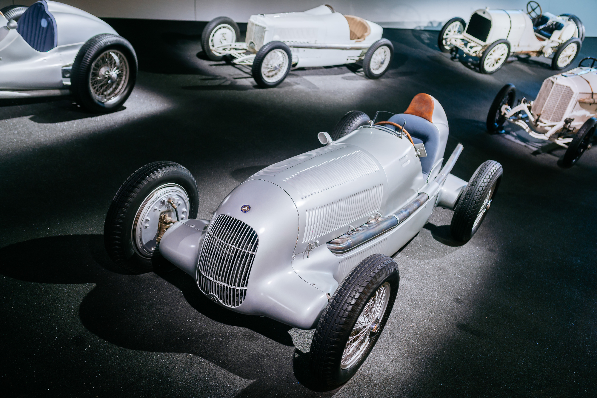 Mercedes-Benz Silver Arrow W25 single-seat race car on display at the Mercedes-Benz Museum.