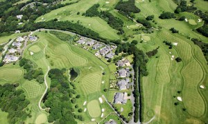 An aerial view of a golf course.