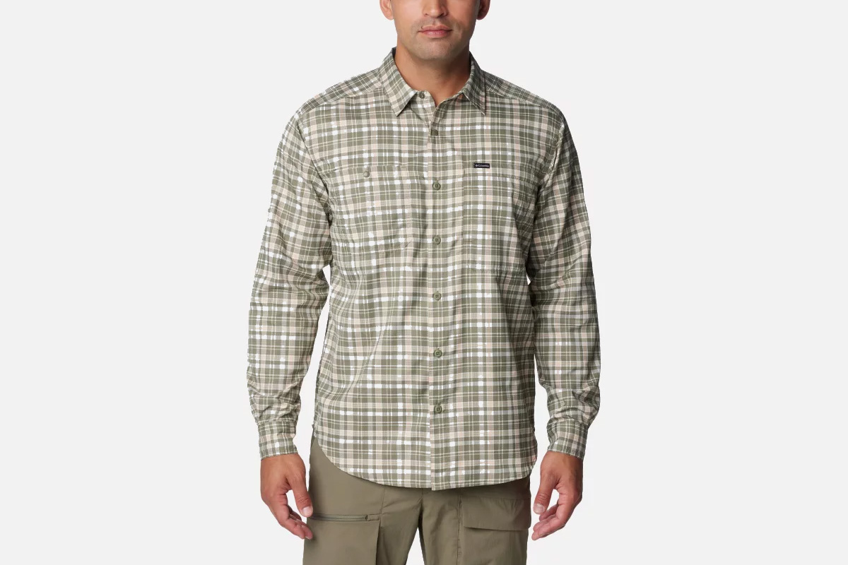 Model wearing a Columbia Silver Ridge Utility Lite Plaid Sun Shirt.