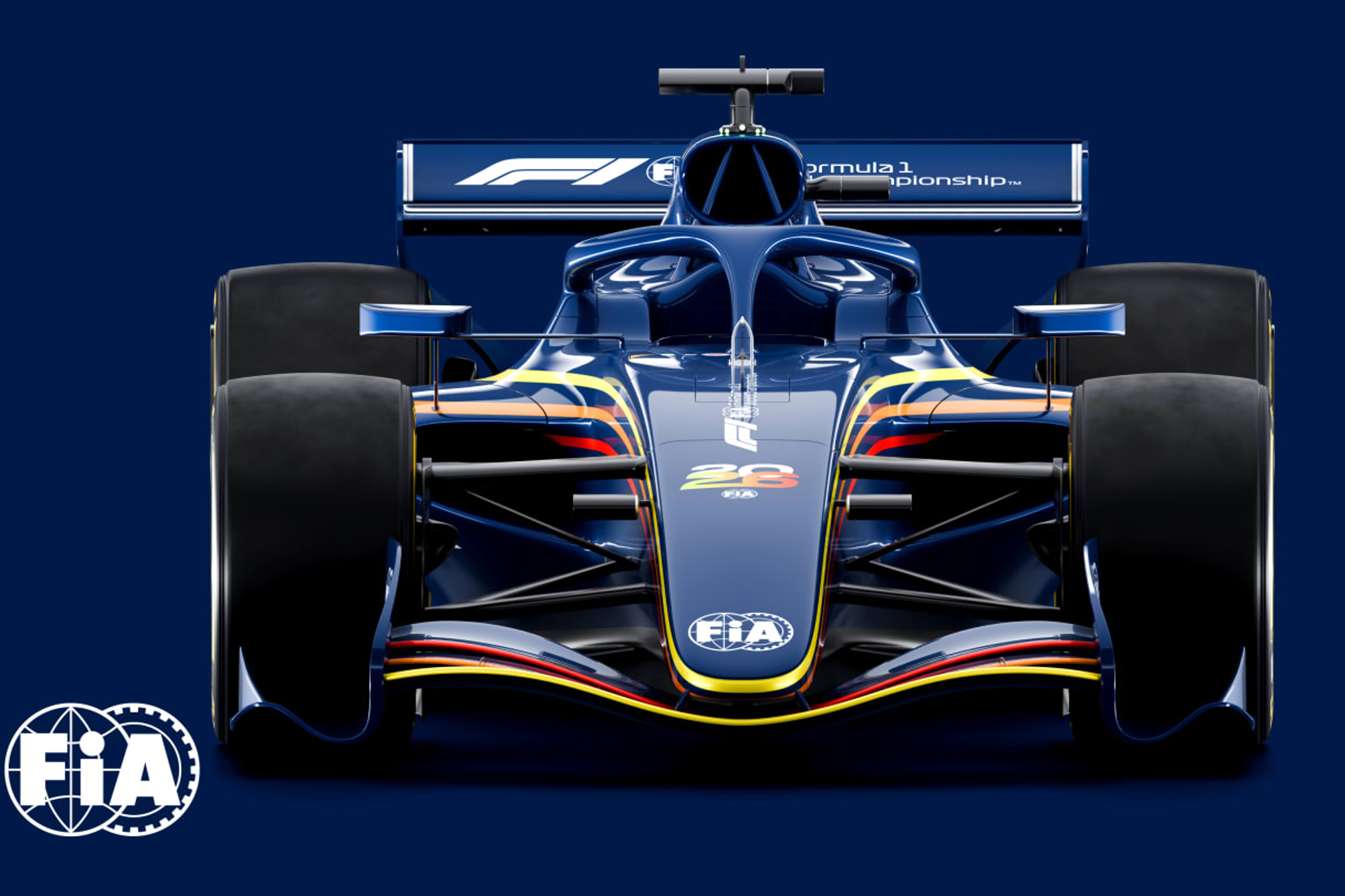 Direct front view of a 2026 F1 racecar according to new FIA regulations.