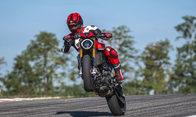 Ducati Monster SP rising on a track.