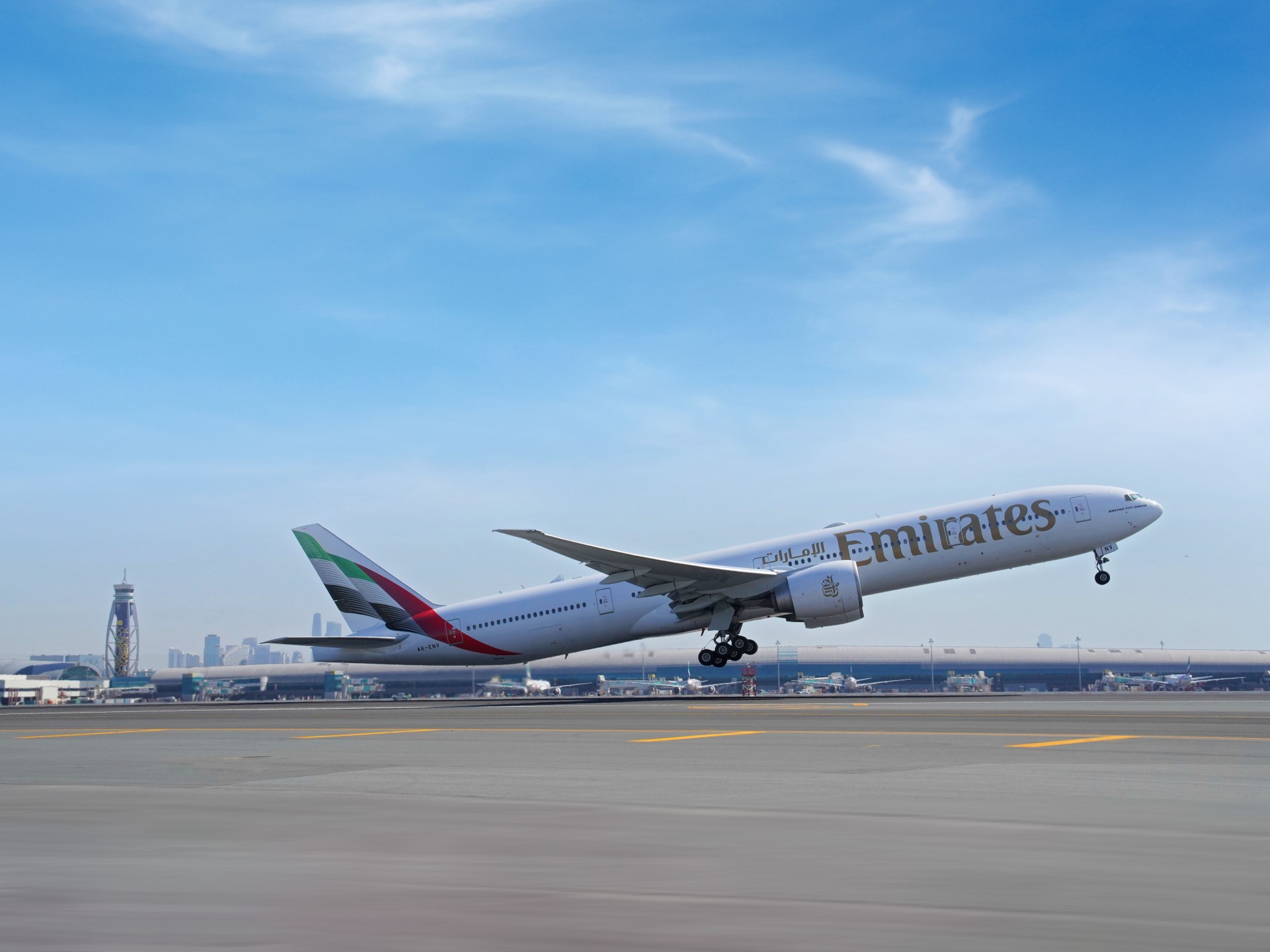 Emirates 777 taking off from Dubai airport