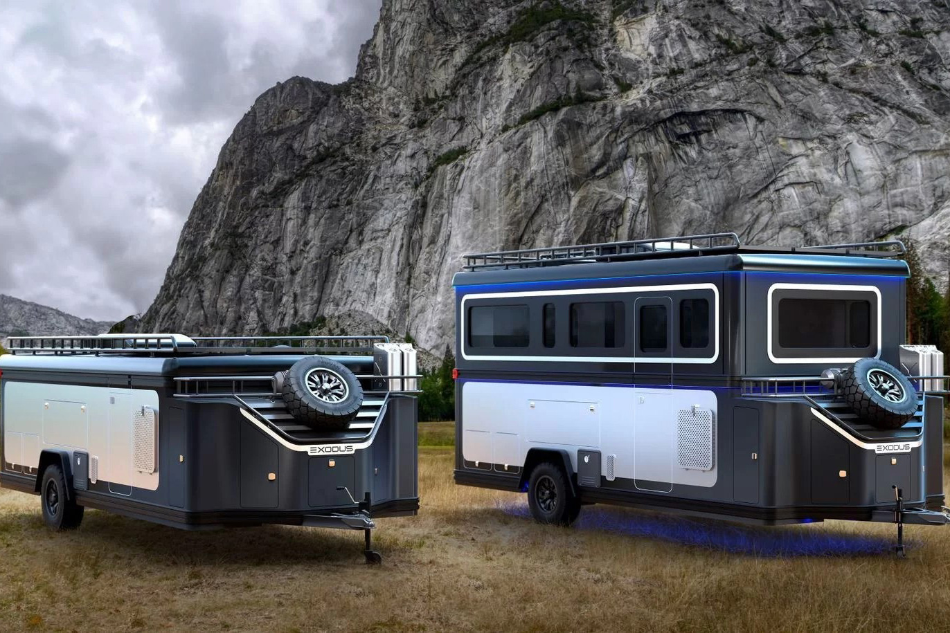 Side-by-side comparison of the pop-top collapsibility of the Exodus Capax travel trailer.