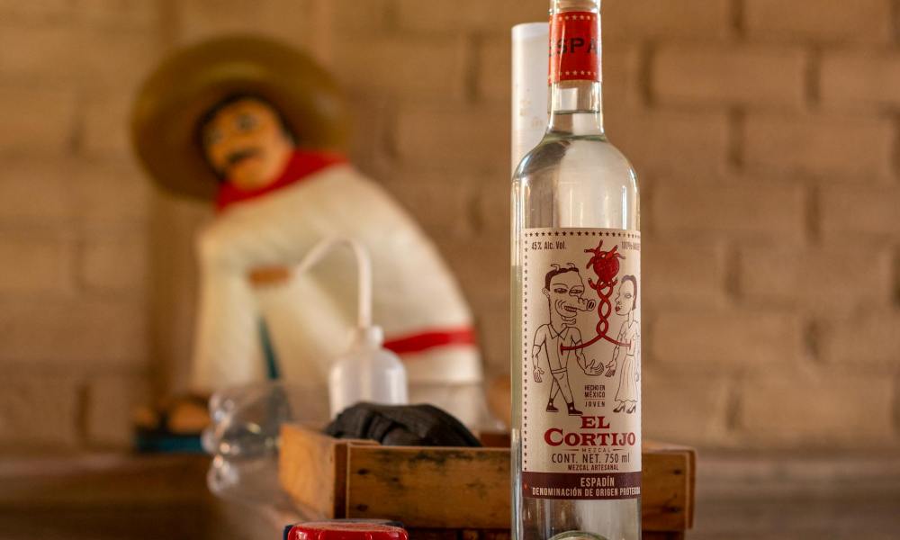 Bottle of clear spirit sitting on counter top