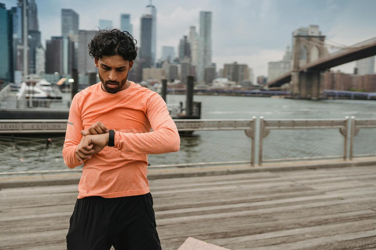 Man timing his workout.