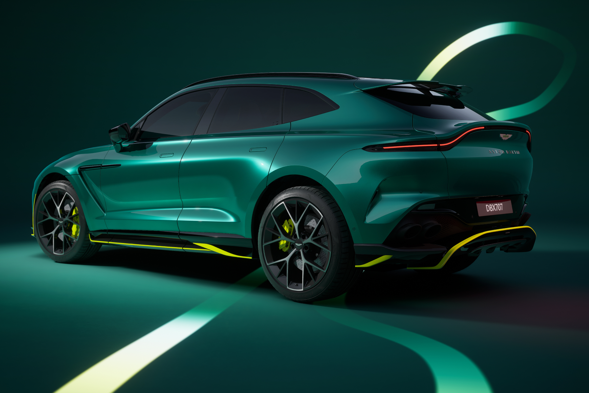 Rear left three-quarter view of the Aston Martin DBX707 AMR24 Edition.