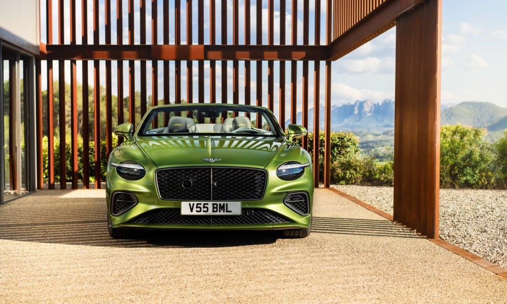 bentley continental gt speed parked in a home carport direct frontal view