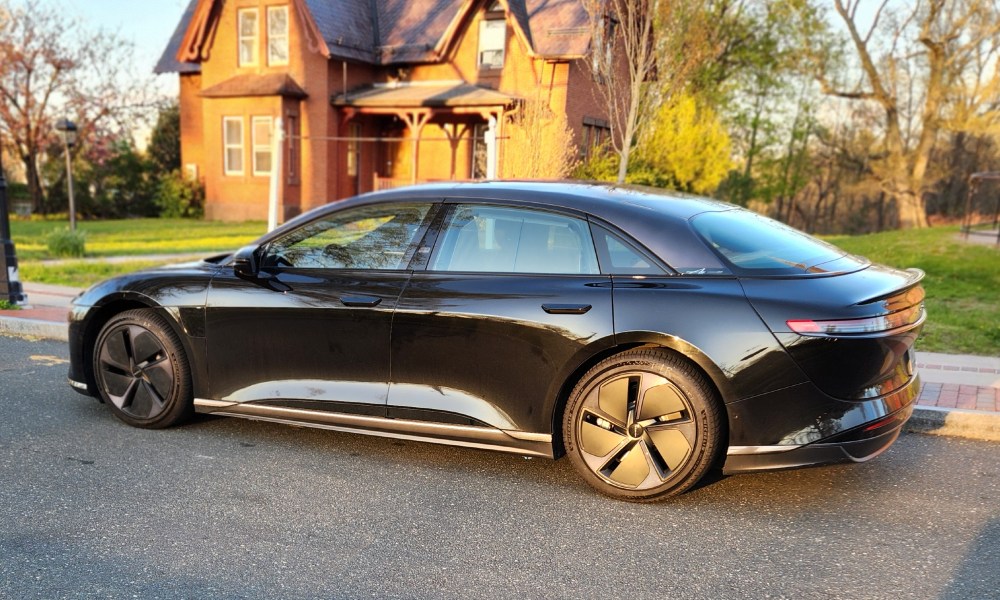 Lucid Air Touring EV left profile with unobtrusive Stealth Package.