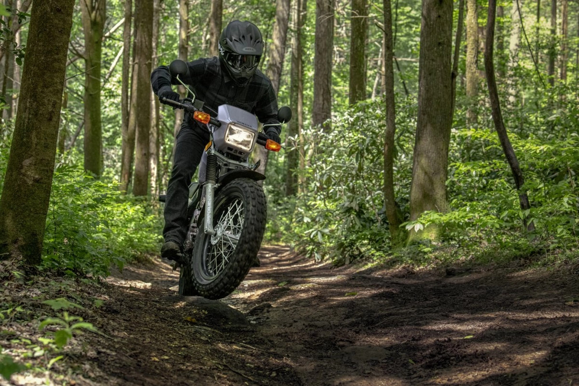 Yamaha TW200 riding on a rocky path in the woods.