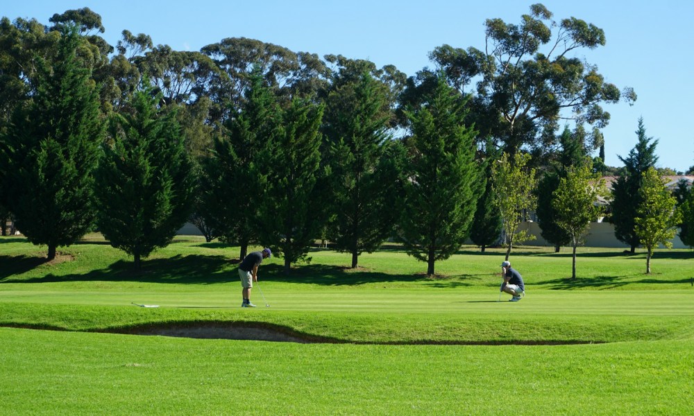 Two golfers lining up a shot on a golf course.