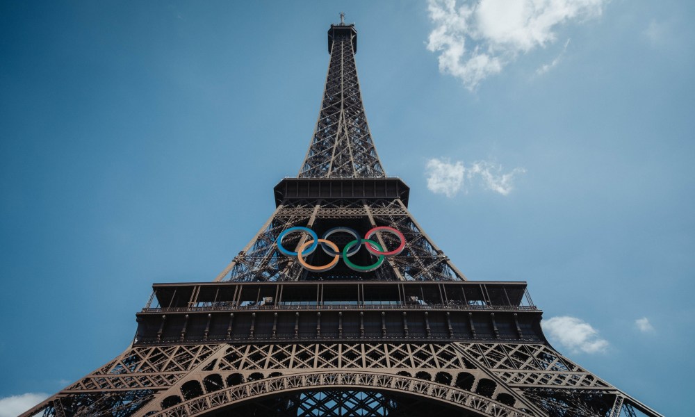 The Olympic Rings installed on the Eiffel Tower ahead of the Paris 2024 Olympic Games