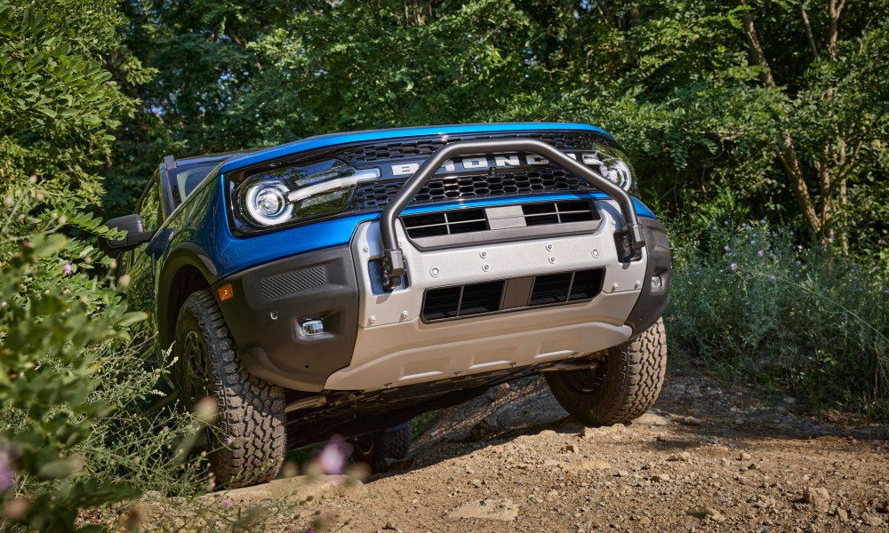 2025 Bronco Sport Badlands with Sasquatch off-road performance package cresting a steep incline.