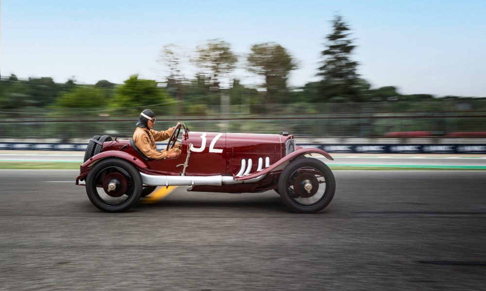 Mercedes two-liter Targa Florio race car driven by Mercedes-AMG Formula 1 racing driver George Russell in Imola, Italy, before the Emilia-Romagna Grand Prix in May 2024.