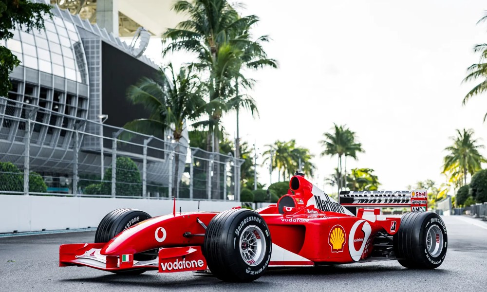 Michael Schumacher 2001 Ferrari F1 race car on track. Left front three-quarter view - Trevor Thompson - Courtesy RM Sothebys.