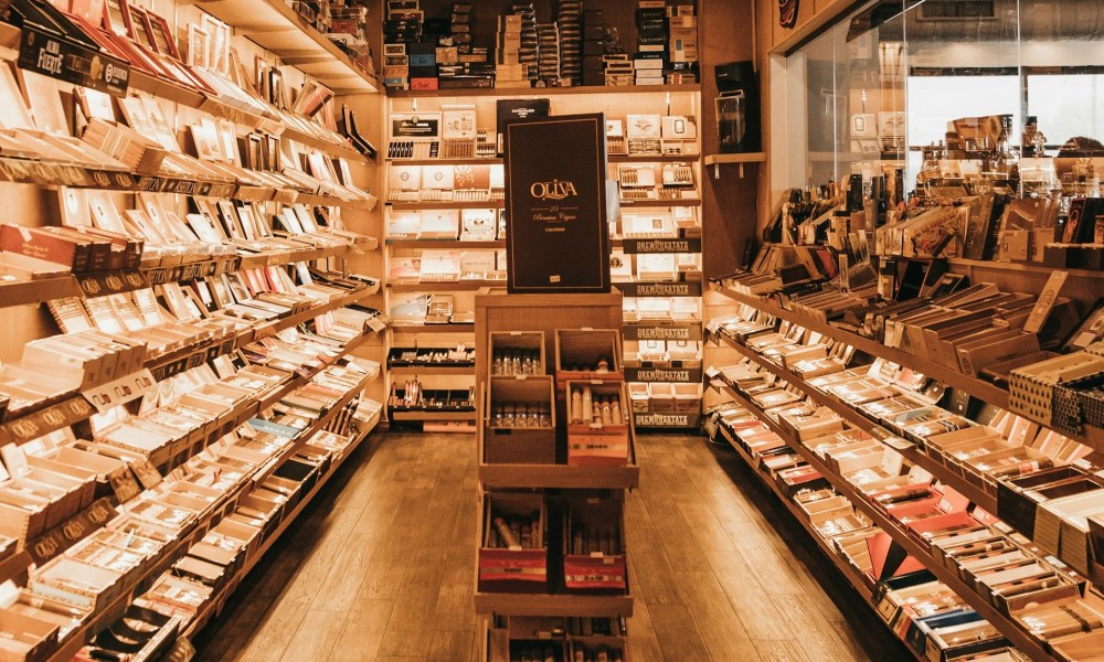 Cigar shop humidor with lots of brands.