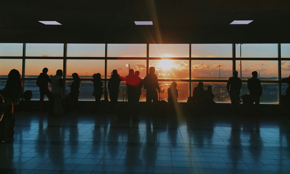 Airport terminal during sunrise