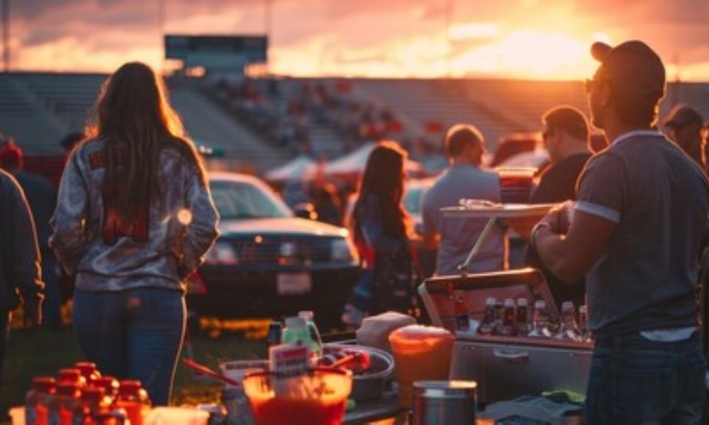 A tailgate party at sunset