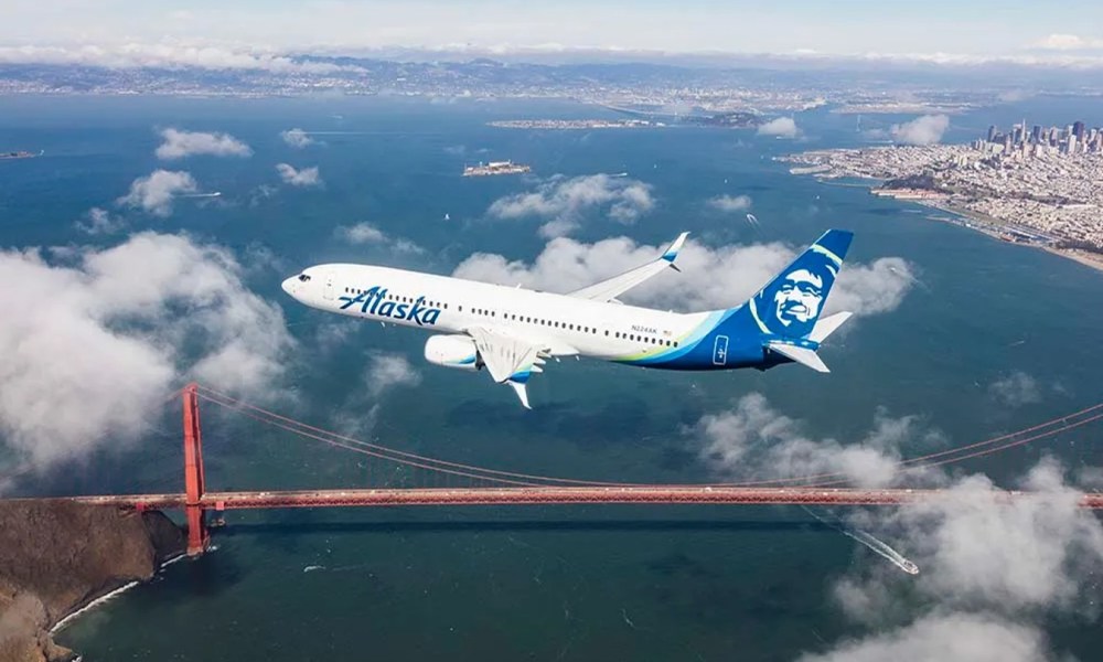 Alaska Airlines plane over San Francisco