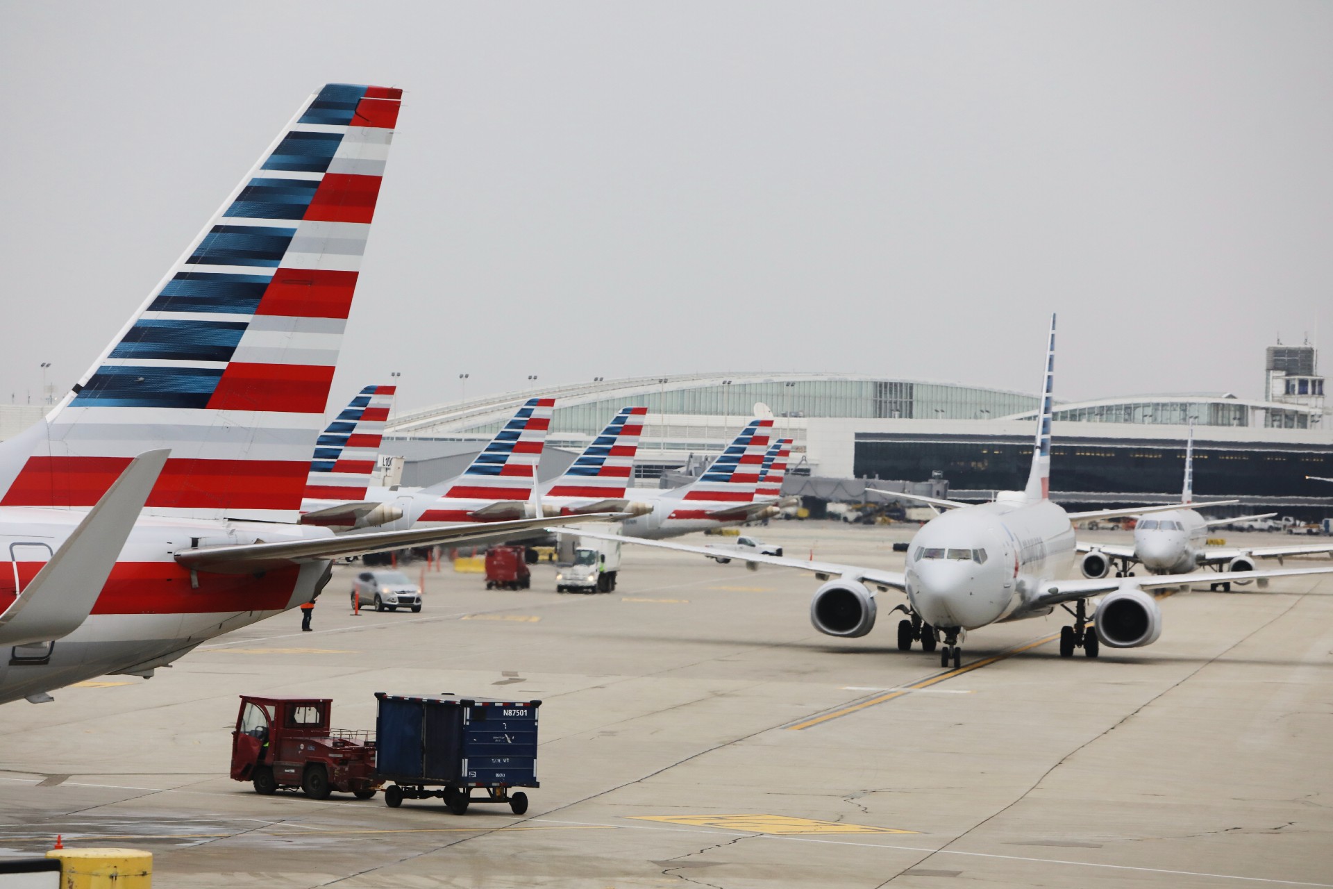 Tailfins of American Airlines planes