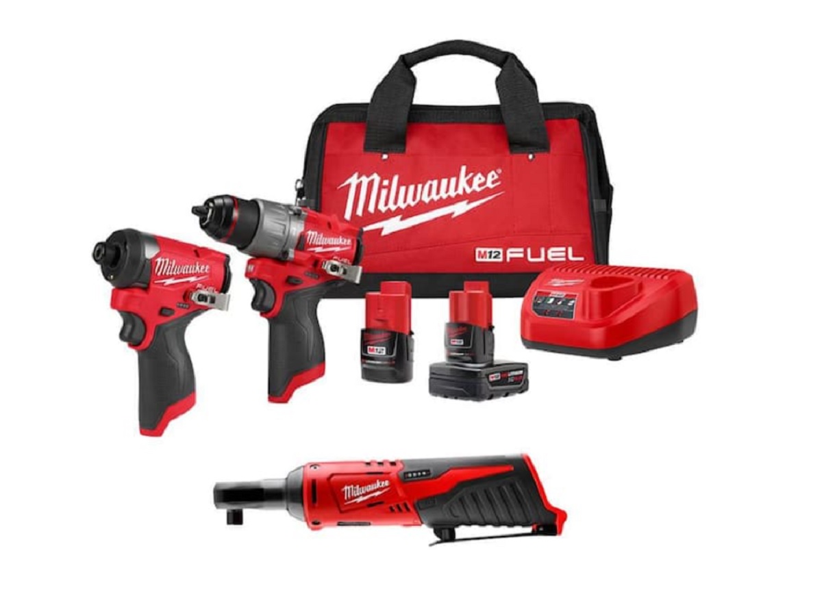 The contents of the Milwaukee M12 Fuel hammer drill and impact driver combo kit.