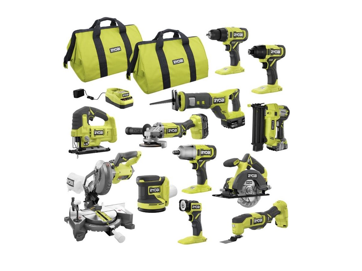 The contents of the Ryobi One+ 12-tool combo kit.