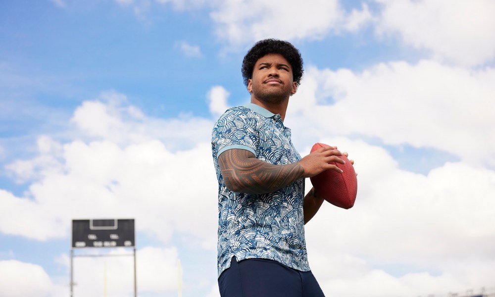 Tua Tagovailoa X Perry Ellis apparel collection with Tua wearing and posing