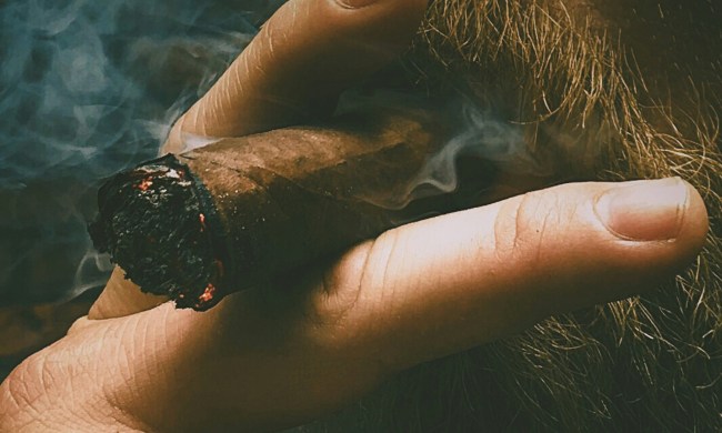 Bearded man smoking, possibly one of the best sweet cigars.