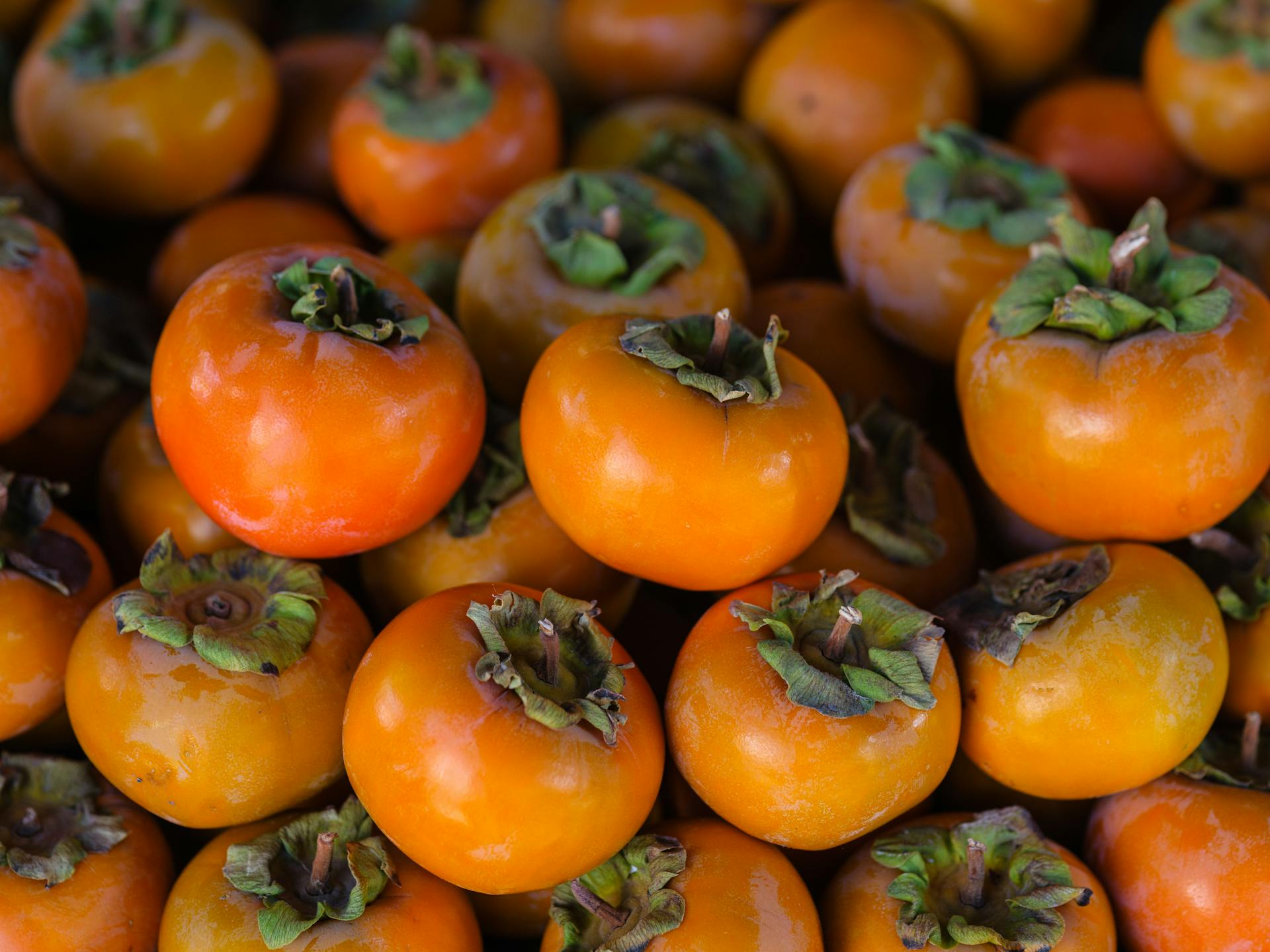 Neatly stacked persimmons