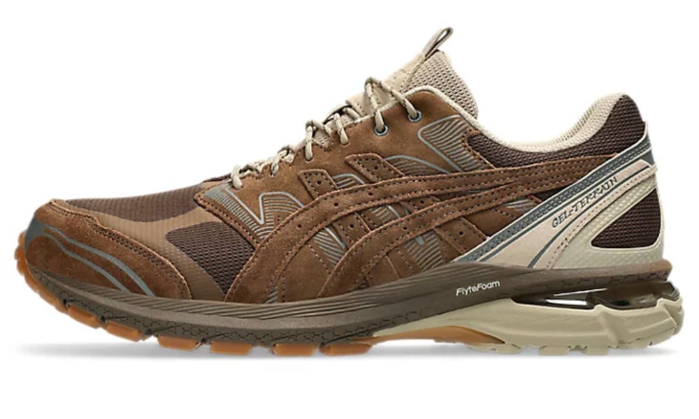 side profile view of brown asics sneaker