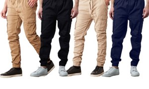 Models wearing the Jump Start Men's Cotton Flex Stretch Cargo Jogger Pants.