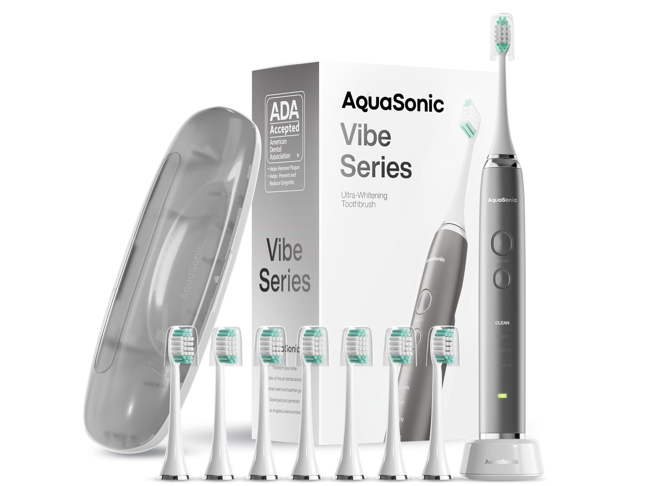 An image of everything that comes with the AquaSonic Vibe Series pack.