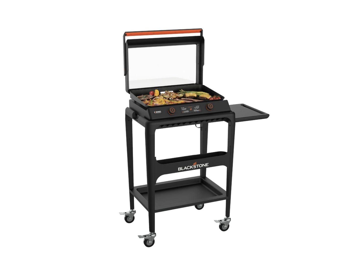 Food on a Blackstone E-Series 2-Burner 22-inch Electric Tabletop Griddle with Prep Cart.