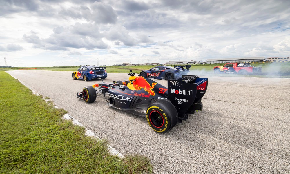 Four-car showdown - four mixed-type Red Bull race vehicles