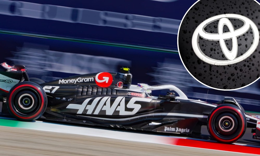 Moneygram Haas F1 team race car with a Toyota logo overlay.