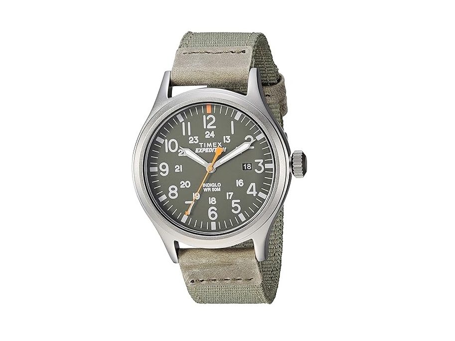 The Timex Expedition Scout pictured here has a gray case, a green dial and a green fabric strap.