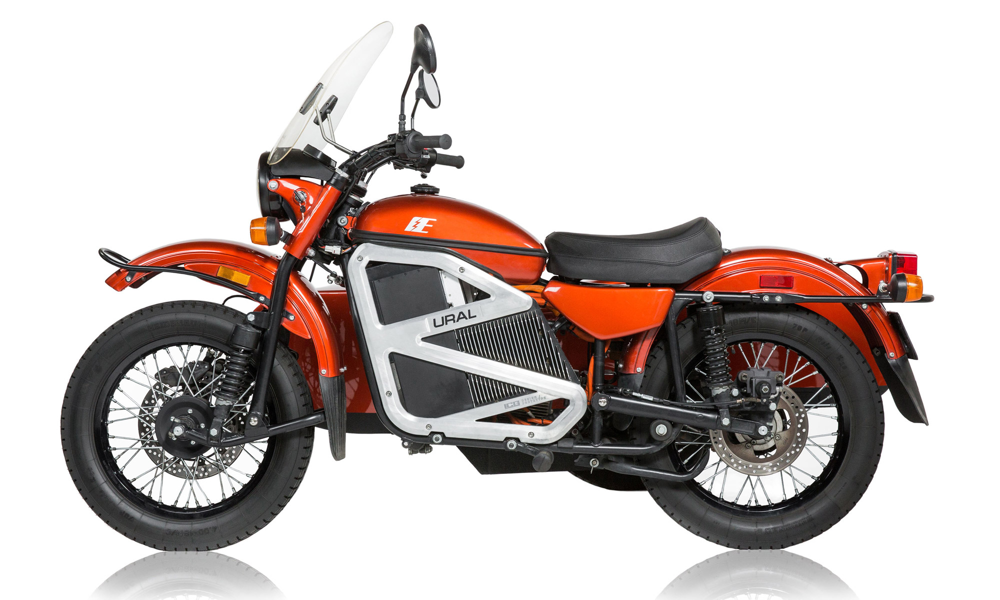 Ural electric sidecar motorcycle concept product shot left profile view.