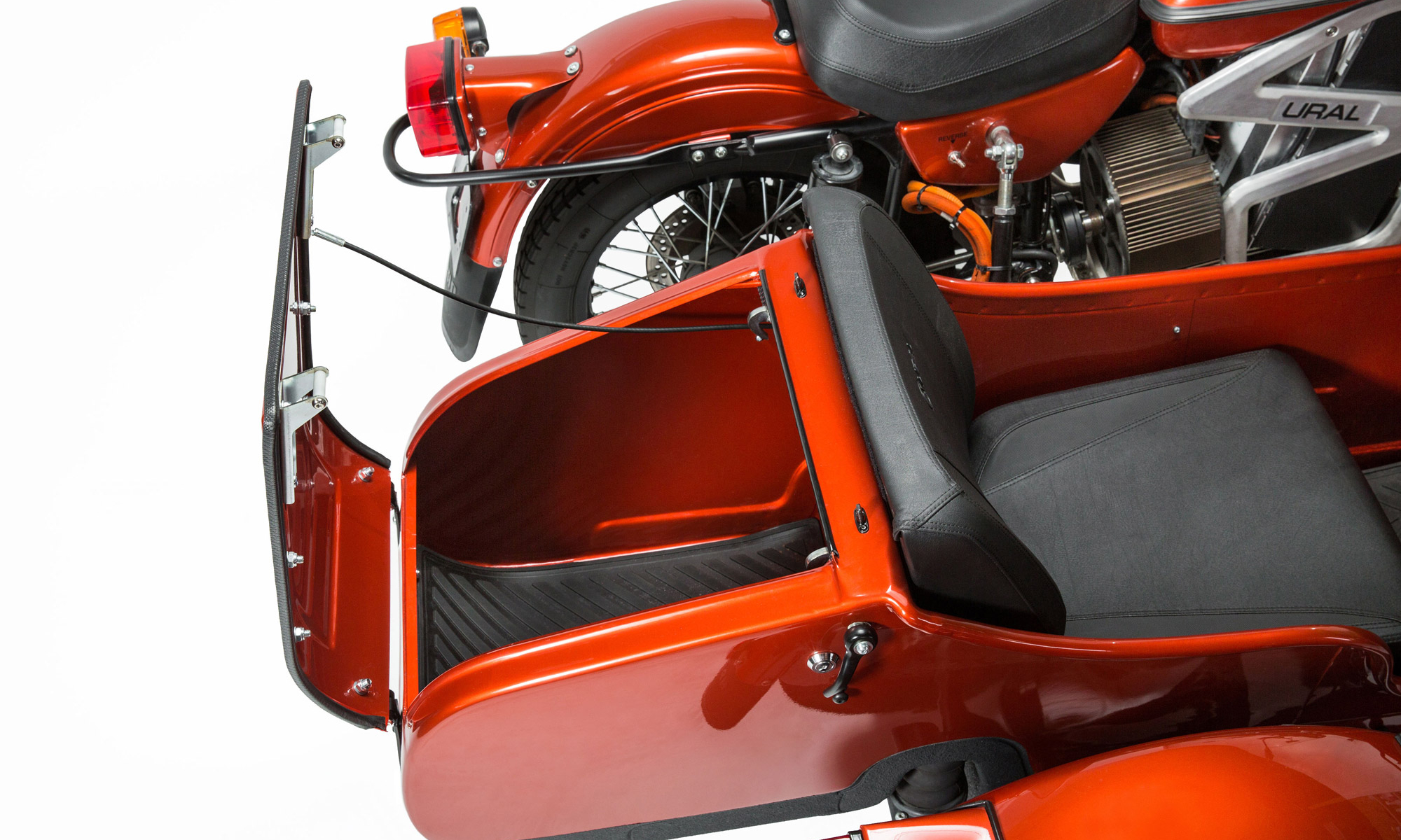 Ural electric sidecar motorcycle concept product shot of sidecar seat and trunk.