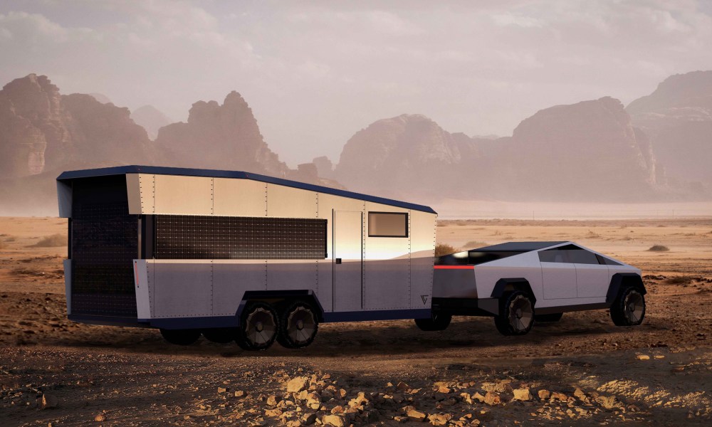 A computer rendering of a Tesla Cybertruck towing Living Vehicle's new CyberTrailer travel trailer.