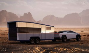 A concept rendering of Living Vehicle's CyberTrailer being towed by a Tesla Cybertruck through the desert.