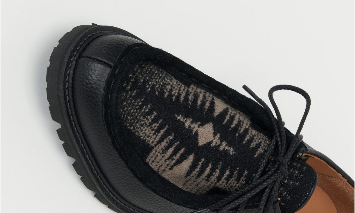 overhead view of black shoe with wool pattern