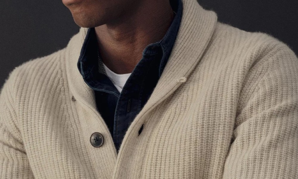 Buck Mason cardigan and denim shirt