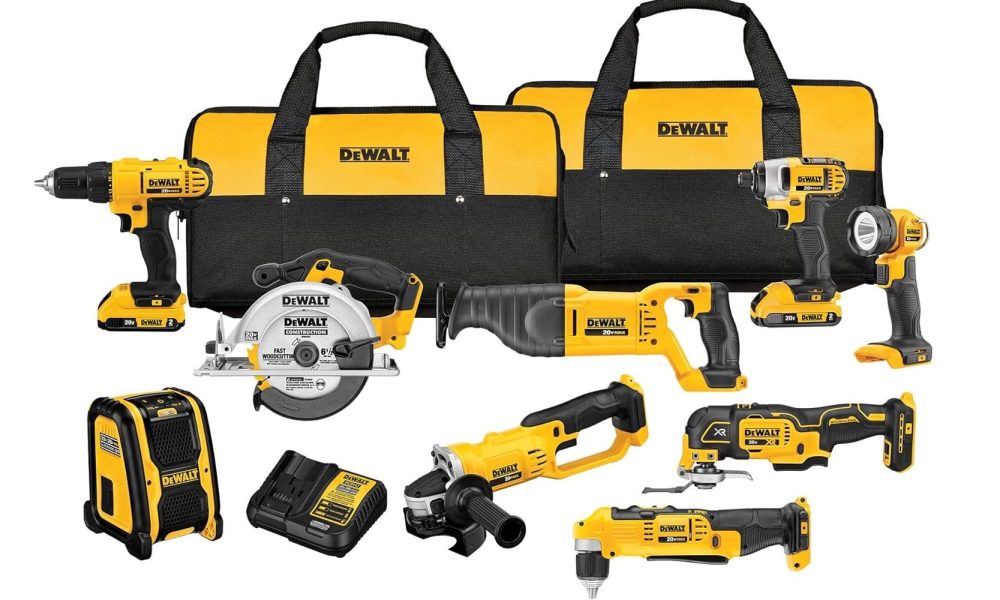 A 9-tool DeWalt 20V Max combo kit with two bag, a battery, and a charger.