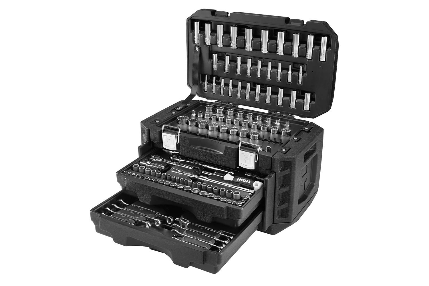 The Hart 215-piece mechanics tool set on a white background.