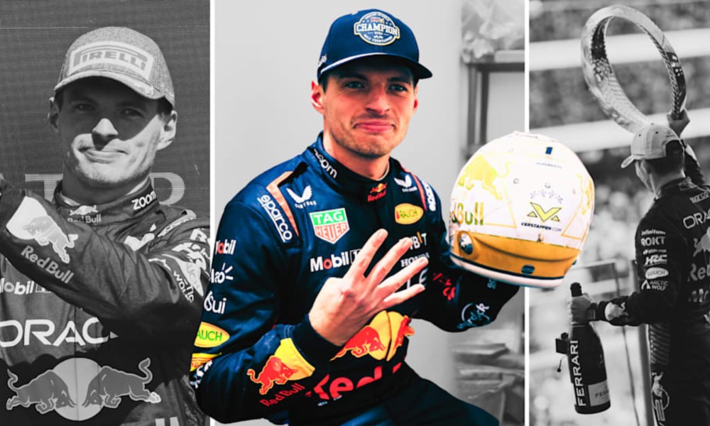 Red Bull driver Max Verstappen signaling his fourth F1 Drivers' Championship.