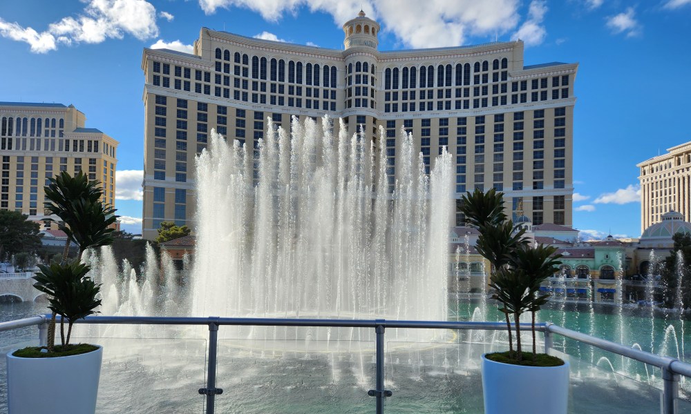 The fountains in the lake at Bellagio seen from the Fountain Club exclusive race viewing structure.