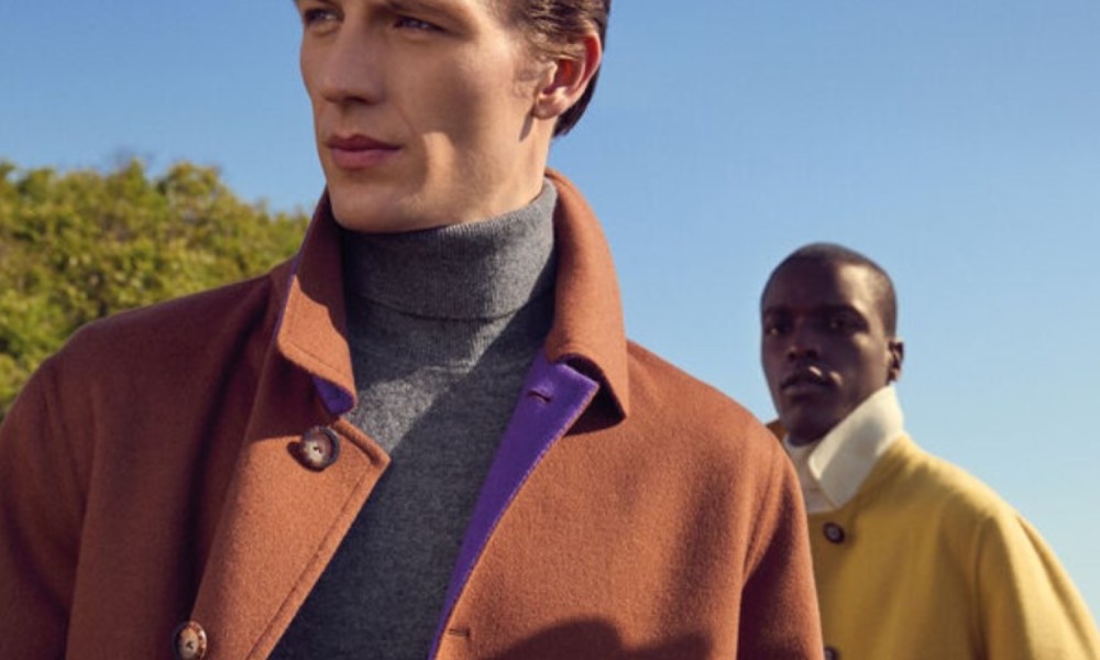 Two men in bright Paul Stuart outerwear